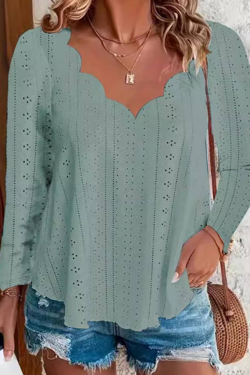 CWTBLL2869_SOLID COLOR WAVE NECK BREATHABLE LONG SLEEVE TOP