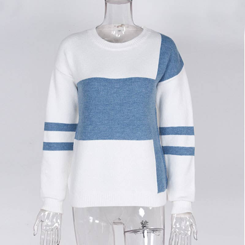 COLOR PATCHWORK CREW NECK PULLOVER SWEATER