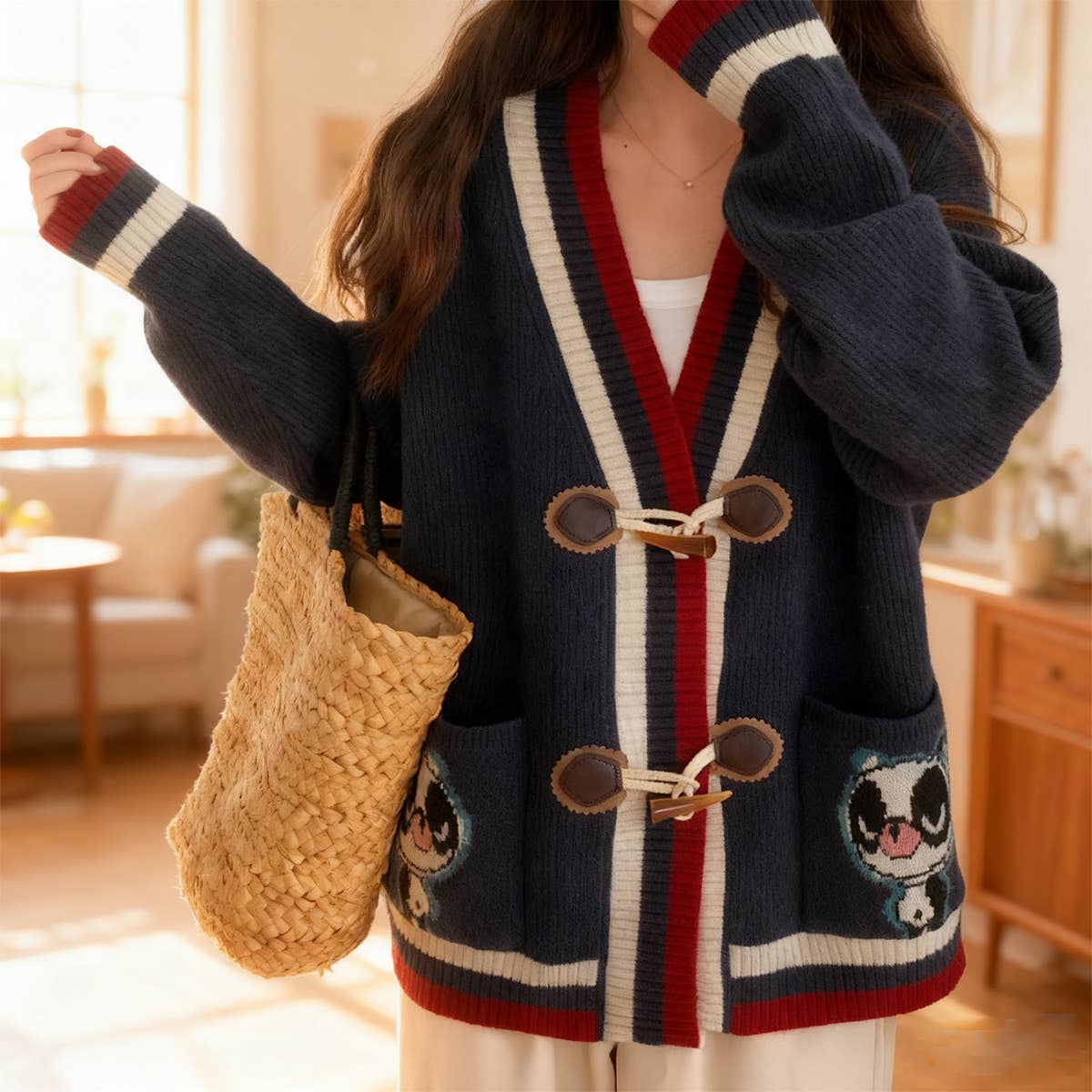 Art collage horn button V-neck knitted cardigan