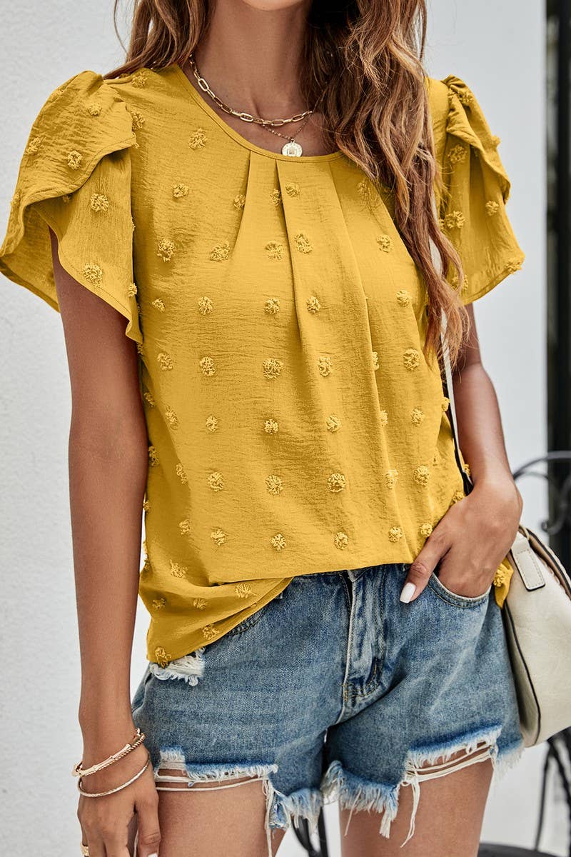 CWTBLS0342_Round neck Short Puff Sleeve Blouse