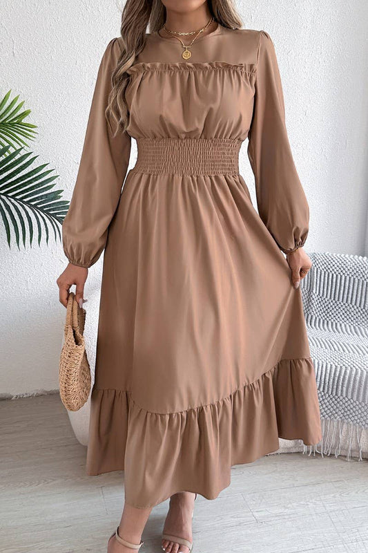 CWDMD6024_SOLID ELEGANT RUFFLE WAIST PLEATED MAXI DRESS