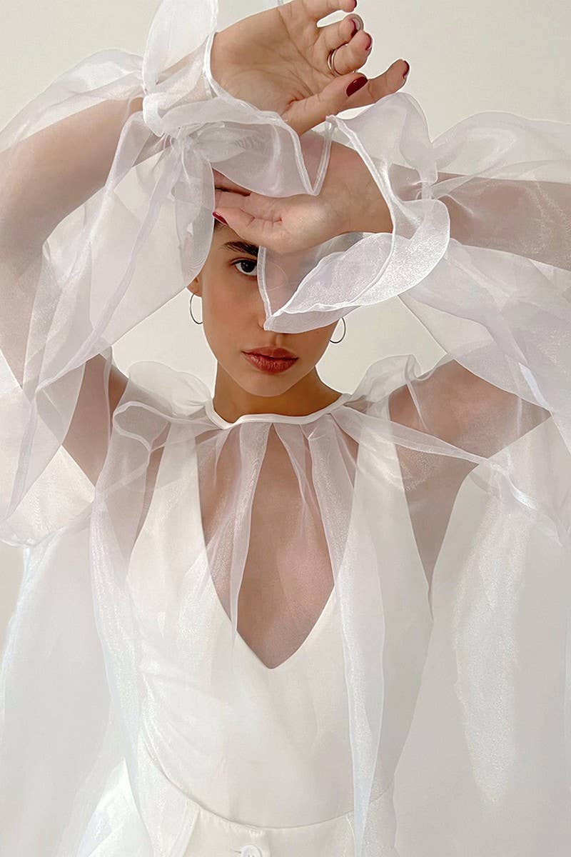 CWTBLL541_BLACK MESH SEE-THROUGH LONG-SLEEVED SHIRT BLOUSE