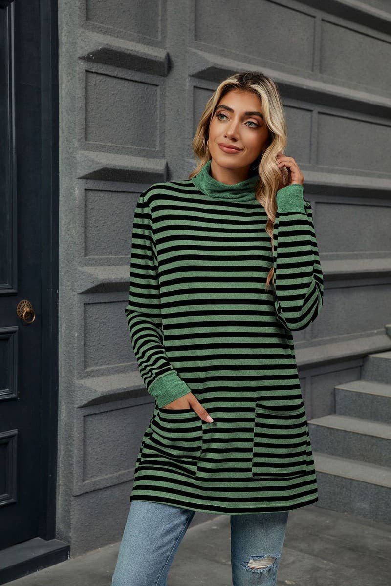 CWTBLL2357_HALF TURTLENECK STRIPED KNITTED LONG SLEEVE TOP
