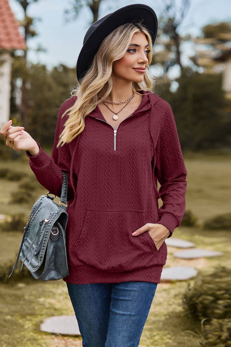 CWOHOL1094_HOODED ZIPPER LOOSE LONG SLEEVE SWEATSHIRT