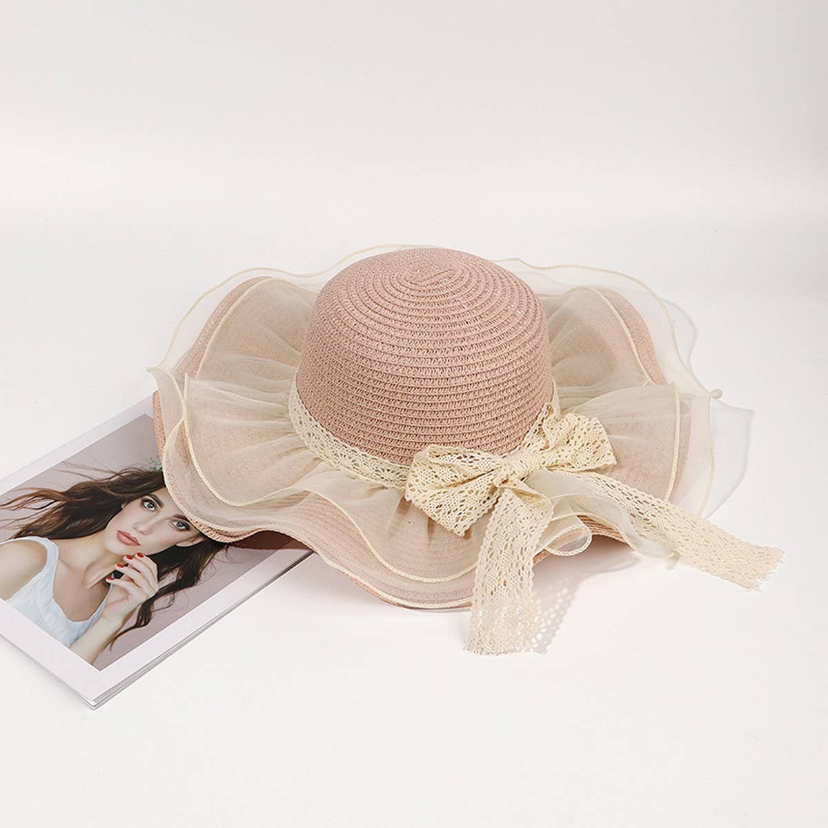 Fashion bow ribbon wide brim straw hat_CWAH3474