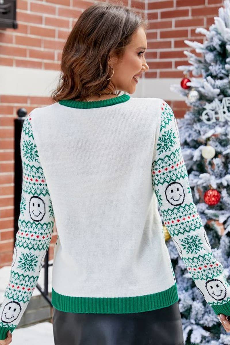 CWOSWL2486_SMILEY CHRISTMAS KNITTED SWEATER PULLOVER