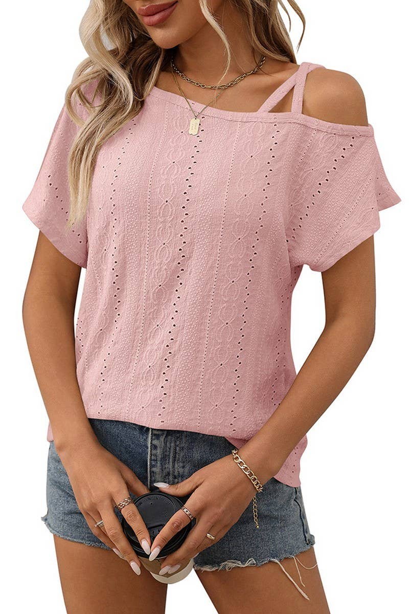 CWTBLS1717_SOLID COLOR ONE SHOULDER HOLLOW SHORT SLEEVE TOP