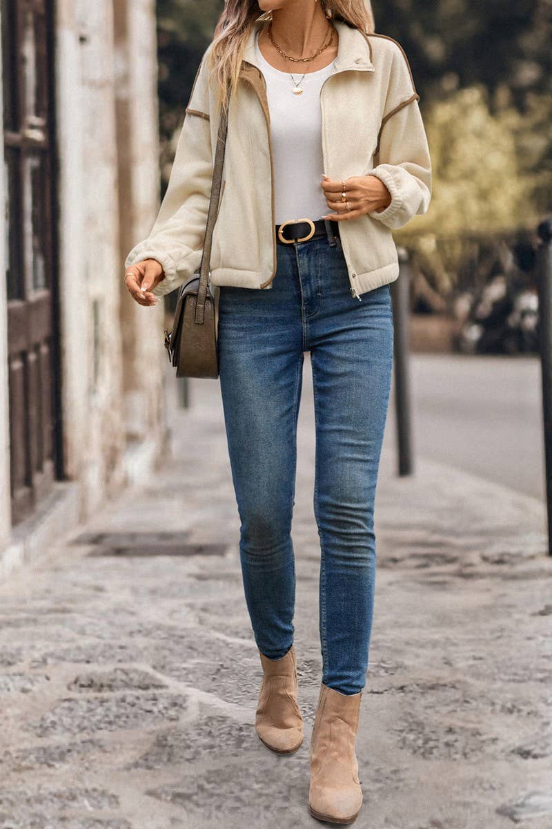 CWOCO1159_AUTUMN AND WINTER LAPEL SHORT ZIPPER JACKET