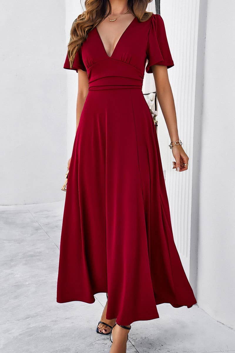 CWDMD1333_V-Neck Short Ruffle Sleeve Maxi Dress