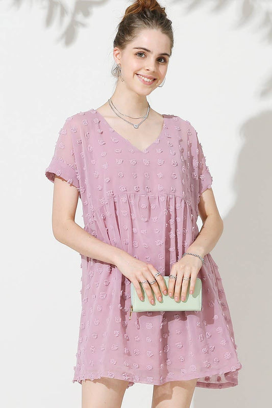CWDSD10409_V NECK DOT CHIFFON SHORT LOVELY DRESS