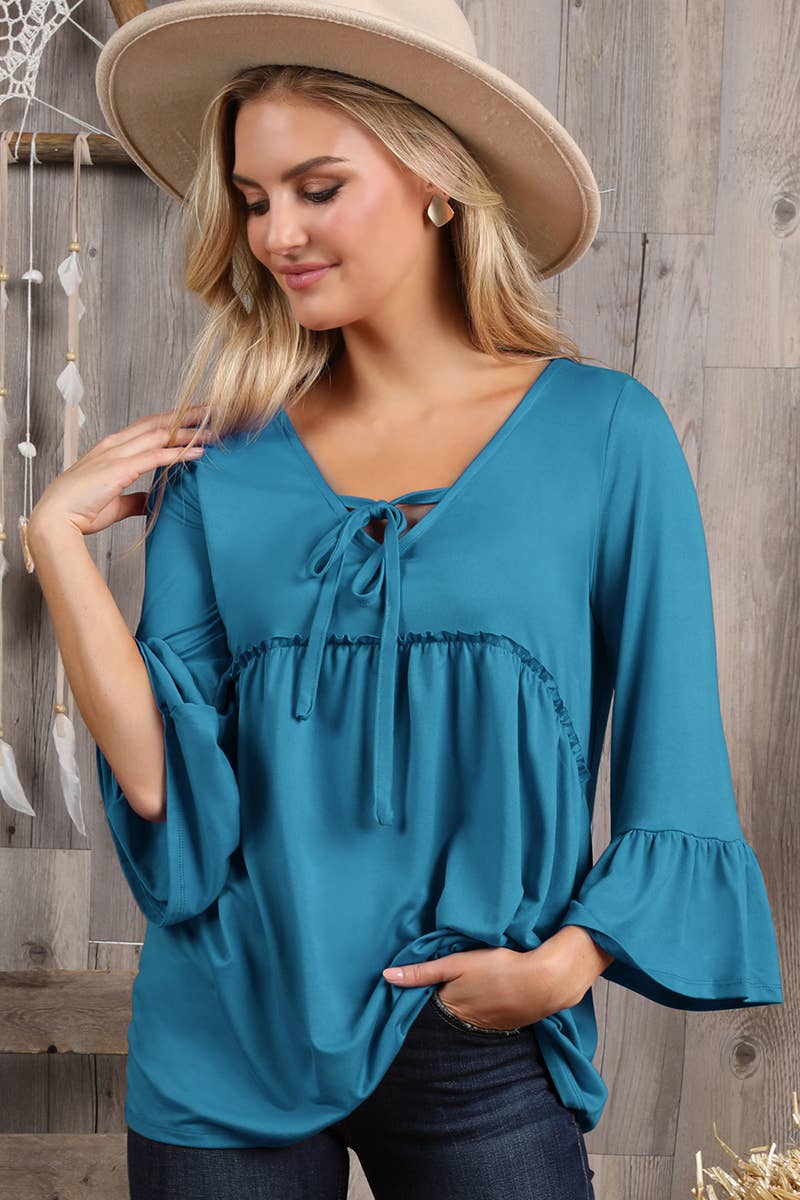 CWTTL1401_3/4 SLEEVE WITH NECK STRING DETAILED TOP