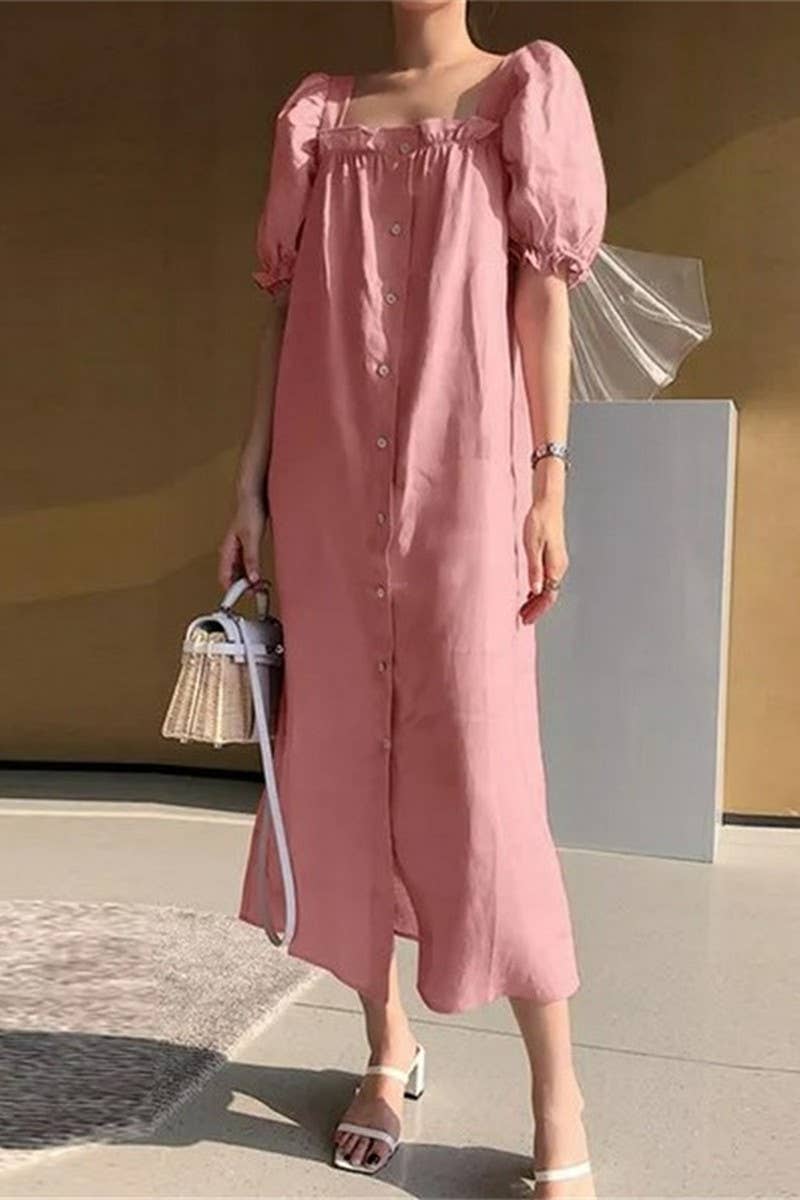 CWDMD3167_SQUARE NECK PUFF SLEEVE BUTTON PLEATED DRESS
