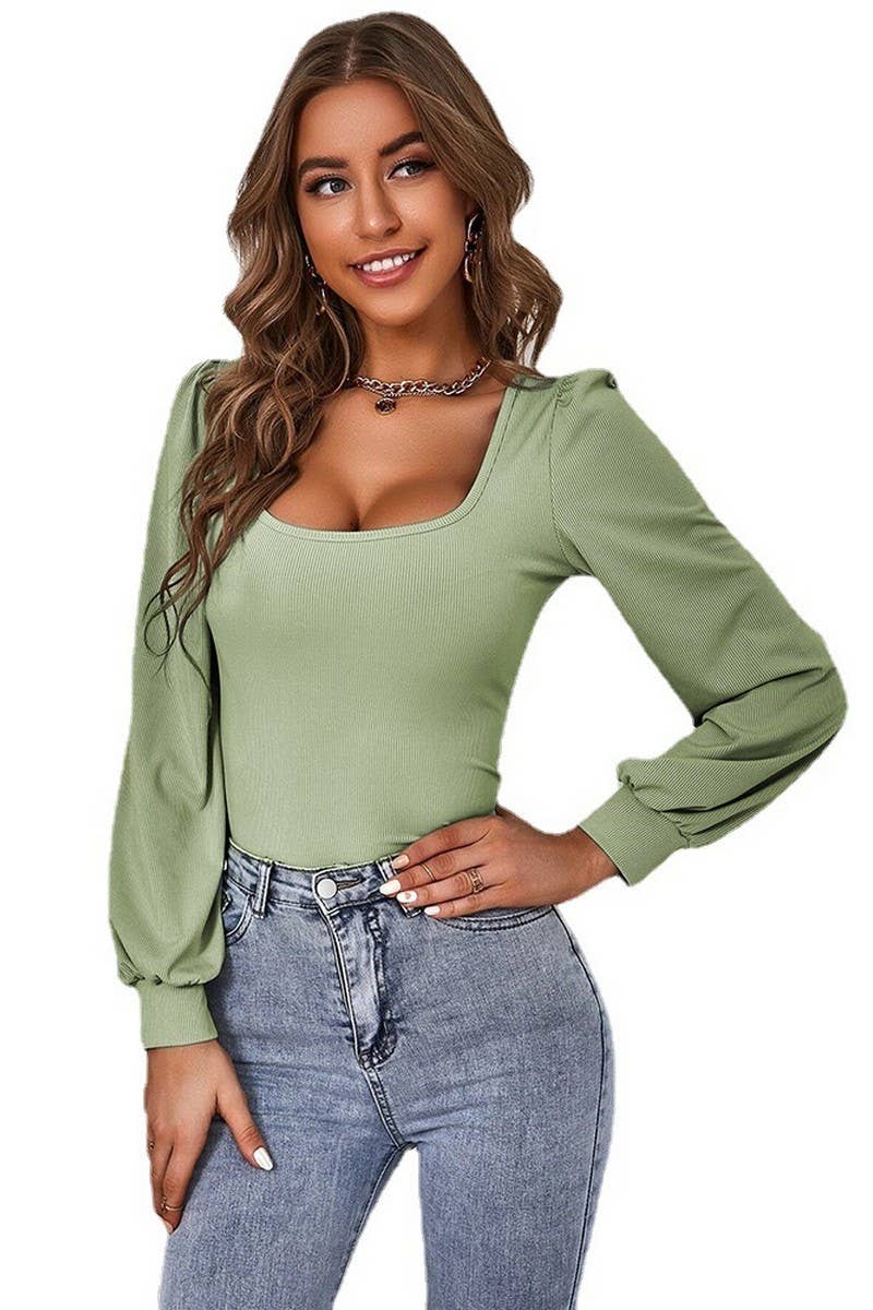 CWTBLL2746_SQUARE NECK PUFF SLEEVE KNIT LONG SLEEVE TOP