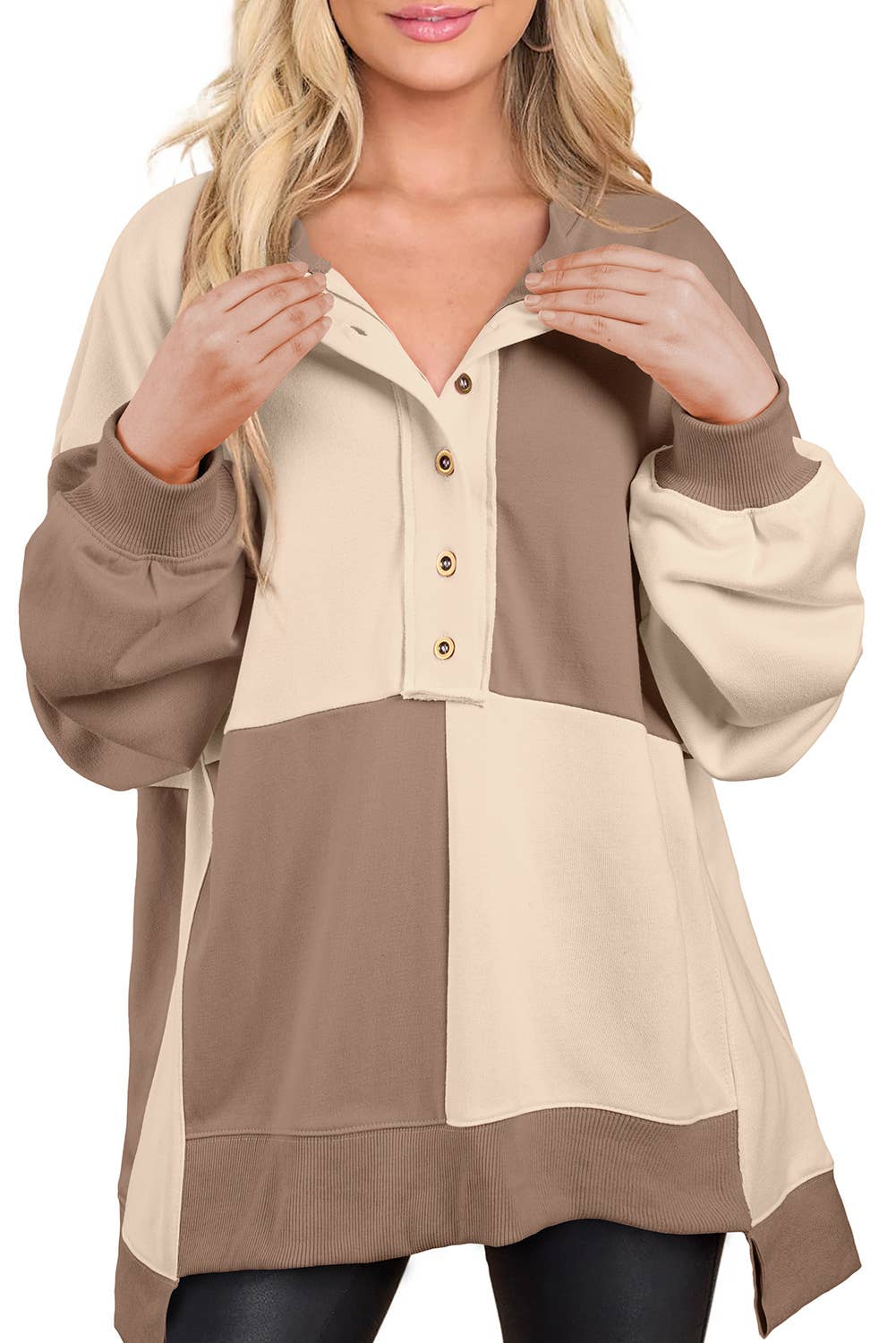 CONTRASTING FLEECE LONG LAPEL SWEATSHIRT