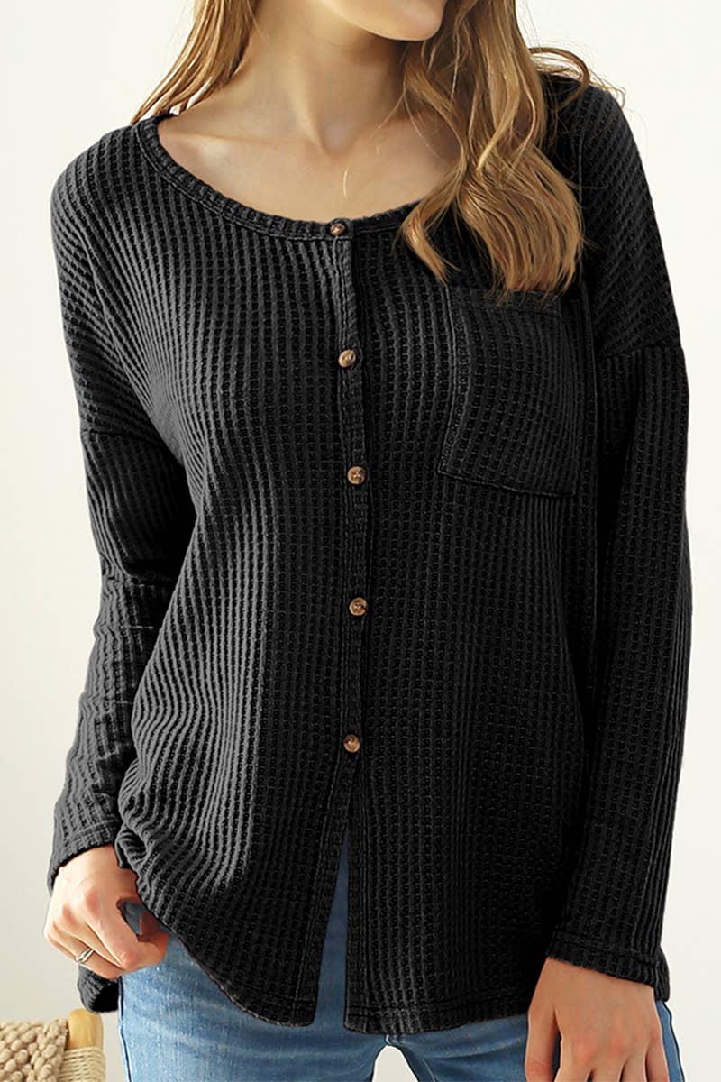CWTSTL449-P_BUTTON BRUSHED R NECK WAFFLE TOP