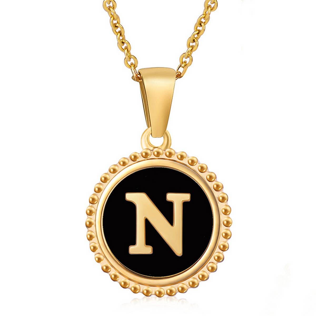 CWAJE1941_Simple Round Black Shell Letter Necklace