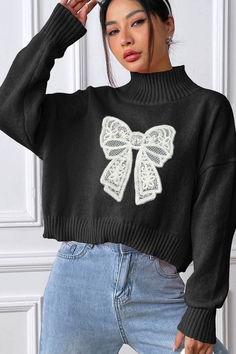 CWTTT00022_WOMEN TURTLENECK SHORT SWEATER BOW