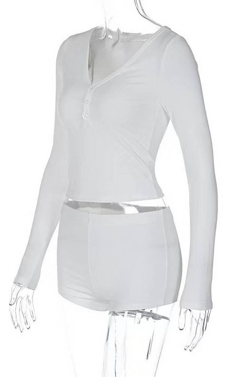 CWSTB2040_DEEP V NECK SLIM LONG SLEEVE TOP & SHORTS SET