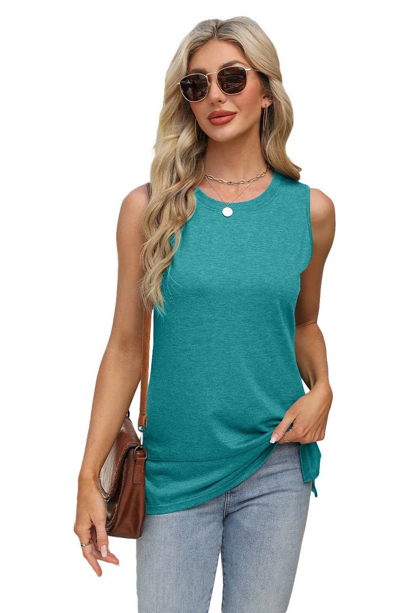 CWTBLSL0669_ROUND NECK SLEEVELESS SLIT LOOSE VEST TOP