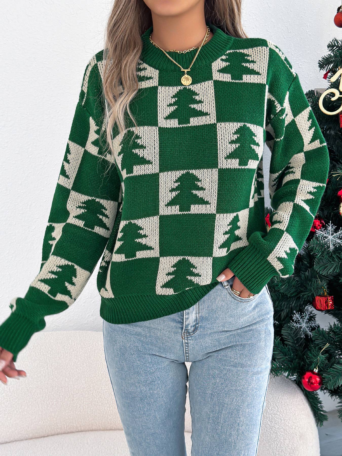 Christmas tree checkered long-sleeved sweater