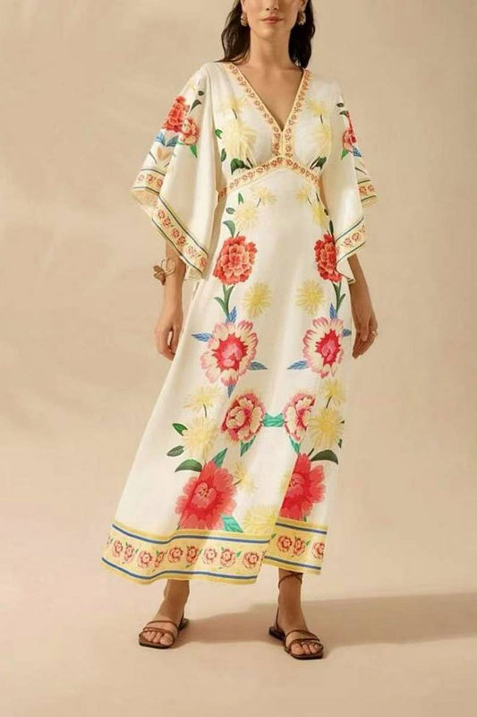 CWDMD5834_V-NECK LOOSE FLORAL FLOWY MAXI DRESS