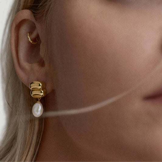 Minimalist Irregular Pearl Earrings 18K Gold Steel