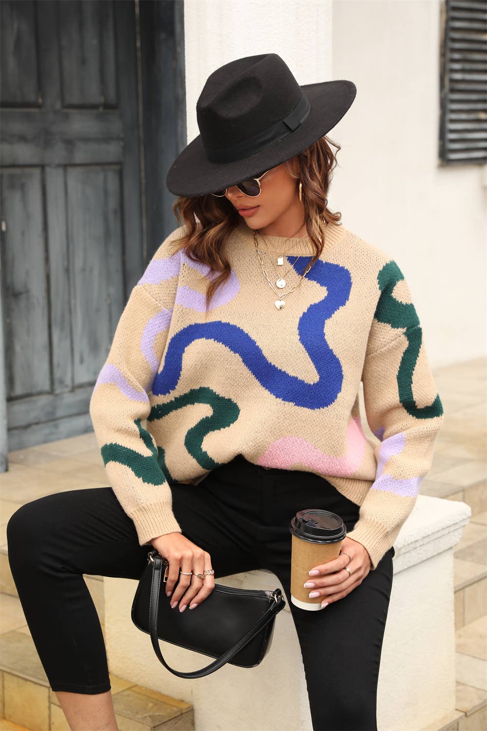 CREW-NECK GEOMETRIC LOOSE PULLOVER SWEATER