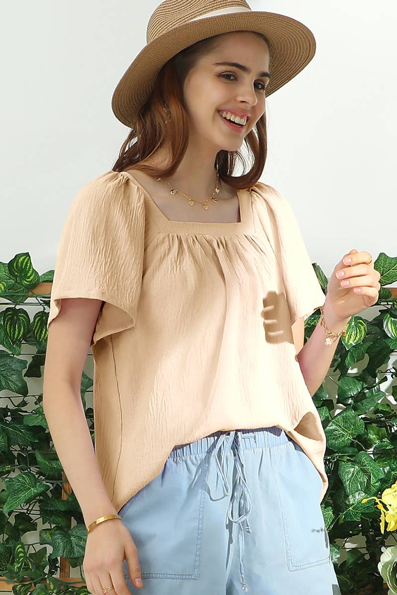 CWTBLS192-P_SQURE NECK RUFFLE NECK SHORT SLEEVE BLOUSES TOP