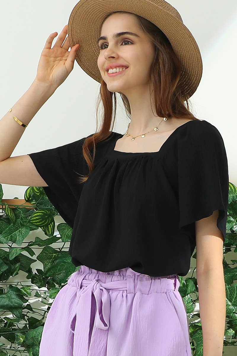 CWTBLS192-P_SQURE NECK RUFFLE NECK SHORT SLEEVE BLOUSES TOP