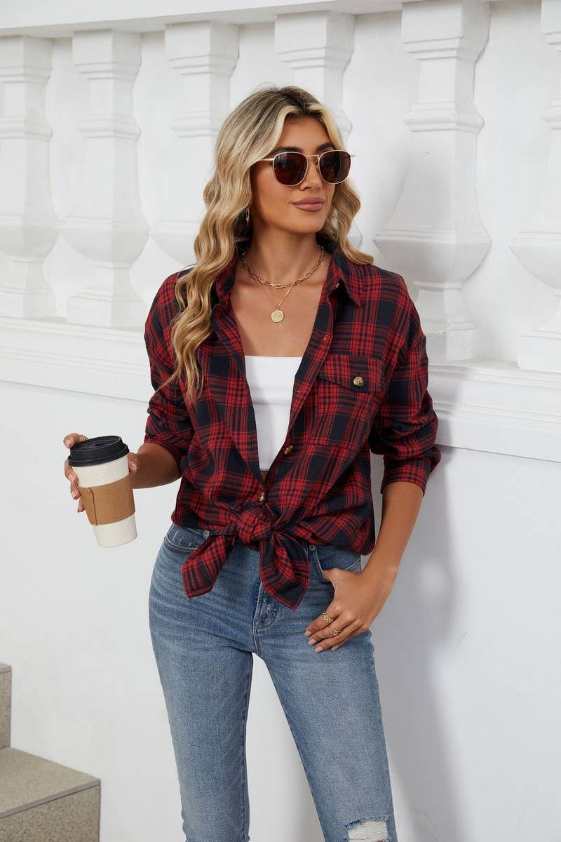 CWTBLL3745_AUTUMN AND WINTER STRIPED PLAID BUTTON-DOWN SHIRT