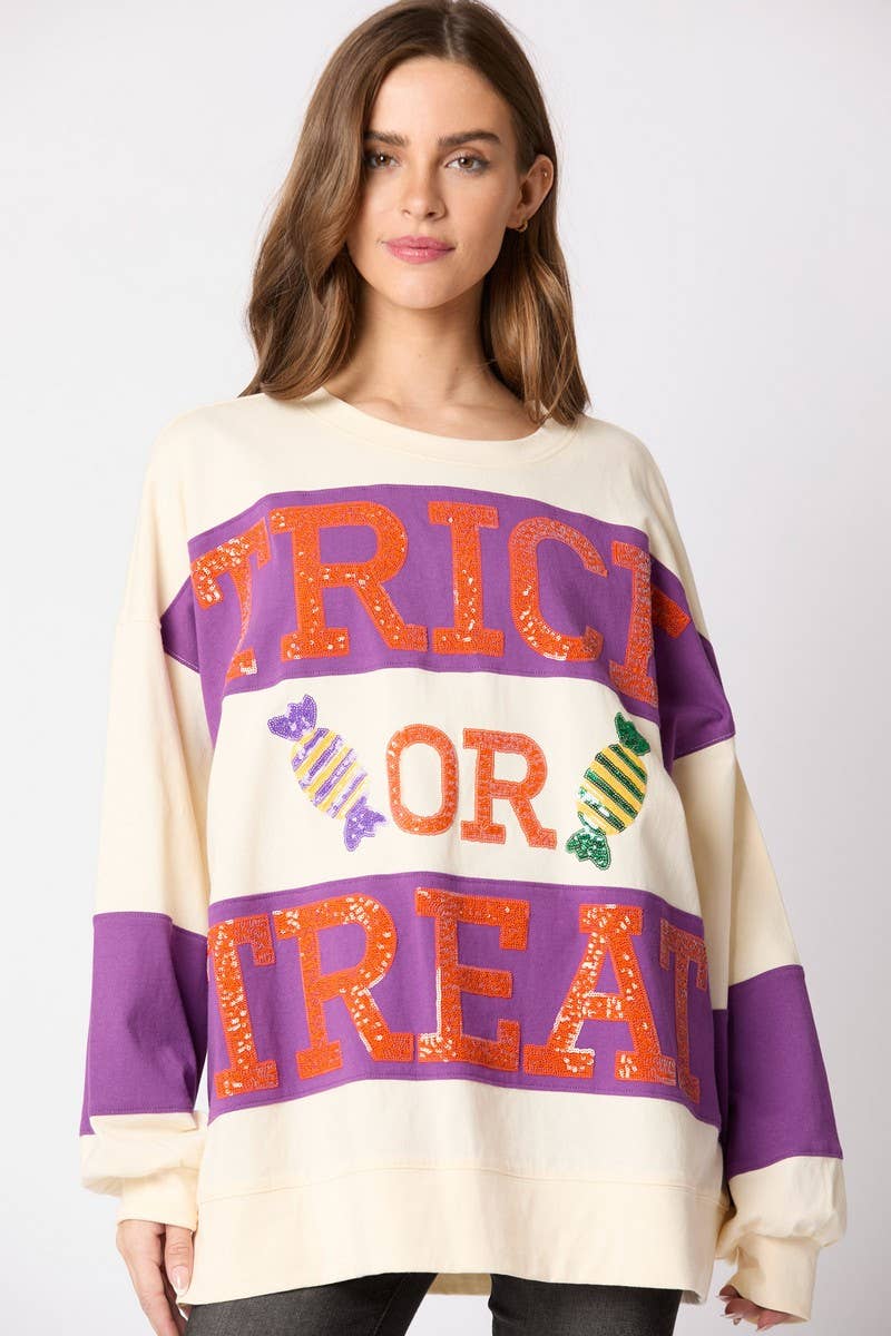 CWTBLL01243_HALLOWEEN LETTER SEQUIN COLORBLOCK SWEATSHIRT
