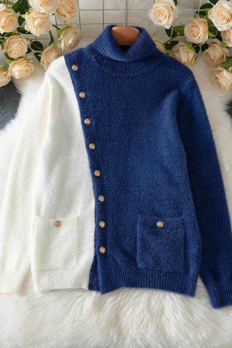 CWOSWL07459_ASYMMETRICAL BUTTON COLORBLOCK KNIT SWEATER