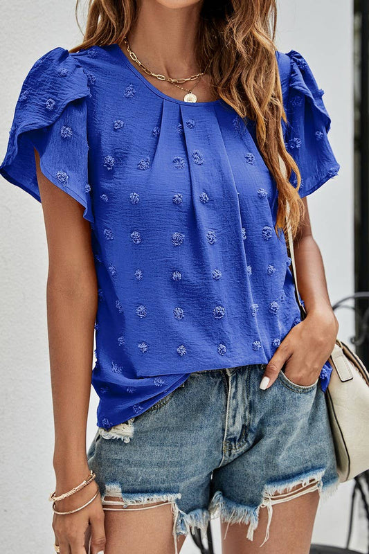 CWTBLS0342_Round neck Short Puff Sleeve Blouse