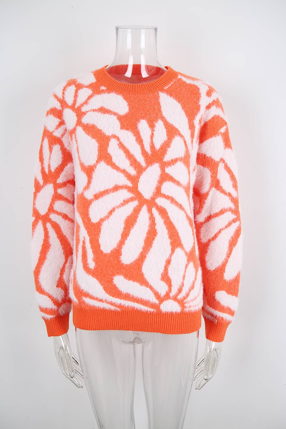 Fluffy flower round-neck warm knitted sweater