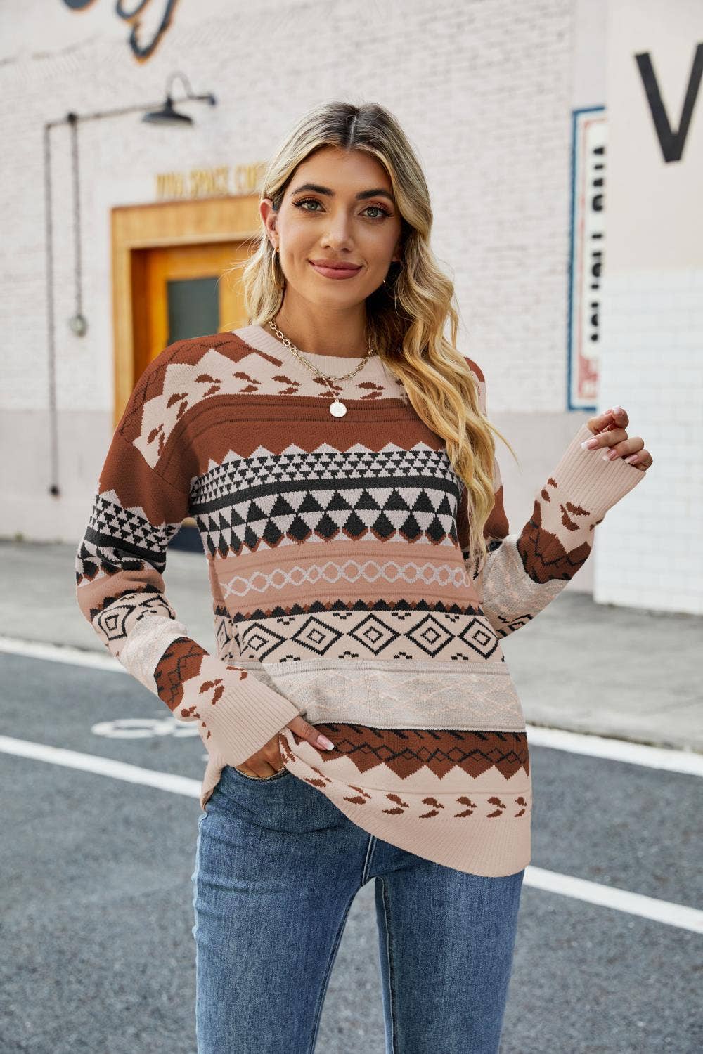 CWOSWL1458_Casual Crew Neck Long Sleeve Pullover Sweater