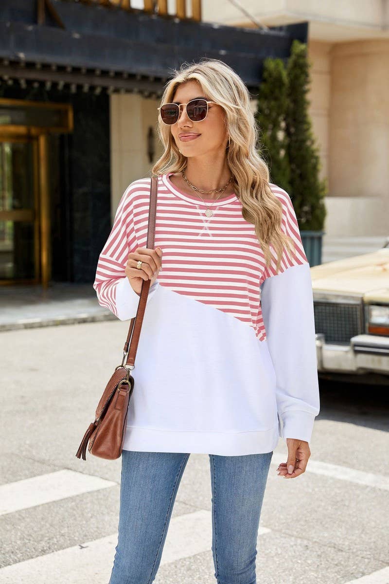 CWTBLL1859_ROUND NECK STRIPED LONG SLEEVE SWEATSHIRT
