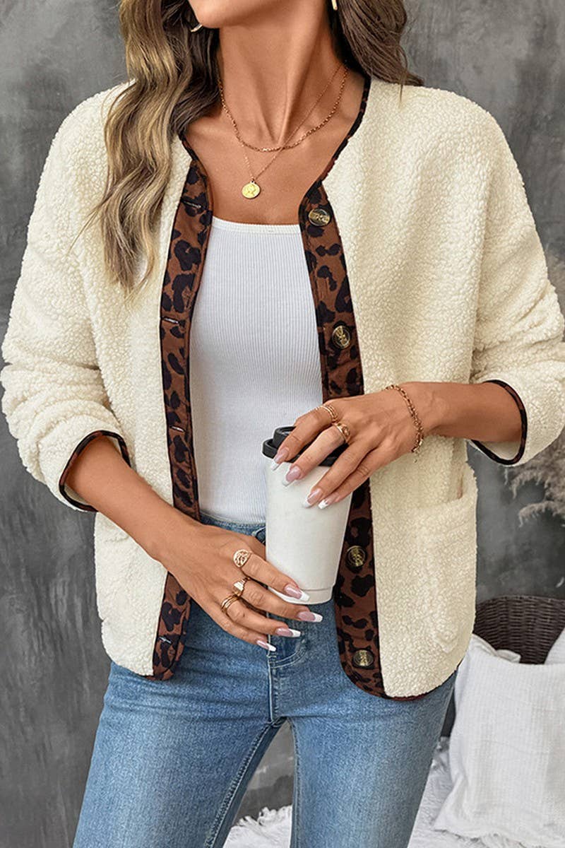 CWOCO00175_CASUAL LEOPARD PRINT CONTRAST CREW NECK JACKET