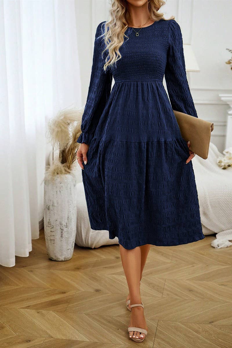 CWDMD4032_SOLID COLOR COMMUTING ROUND NECK PLEATED DRESS