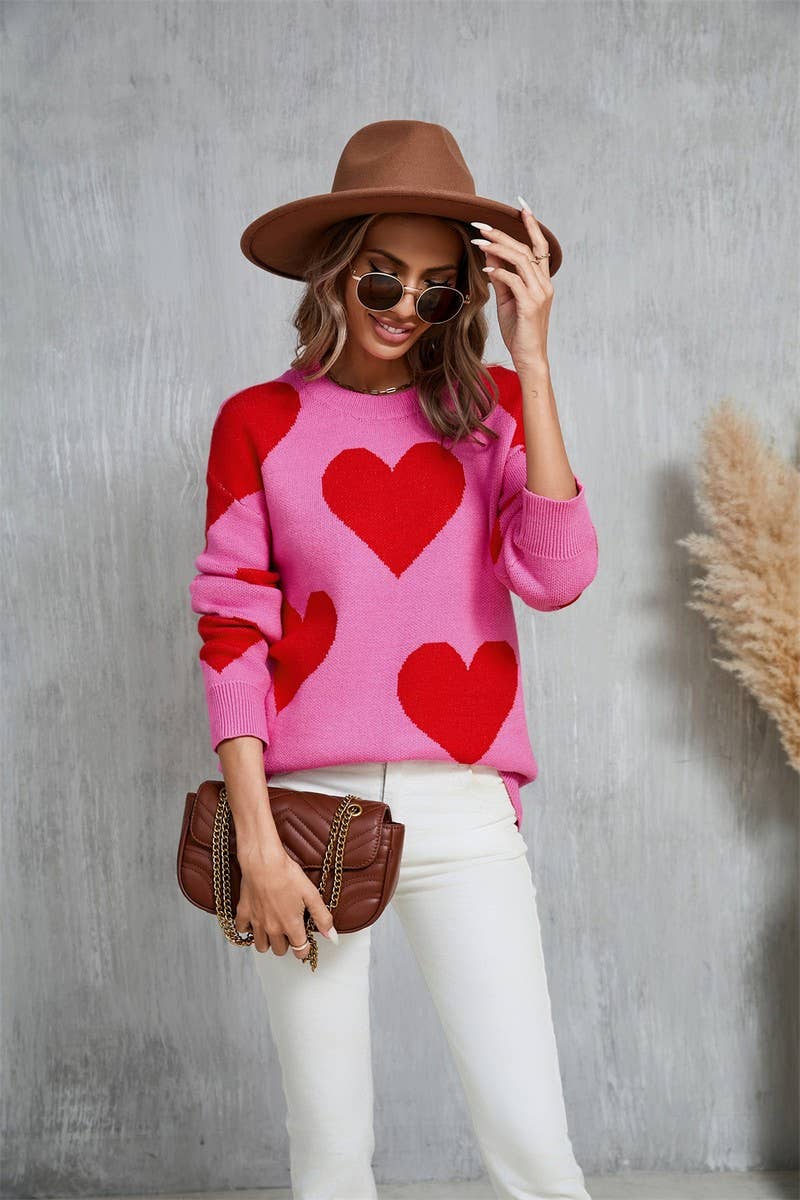 CWOSWL5758_VALENTINE'S DAY ROUND NECK HEART KNITTED SWEATER