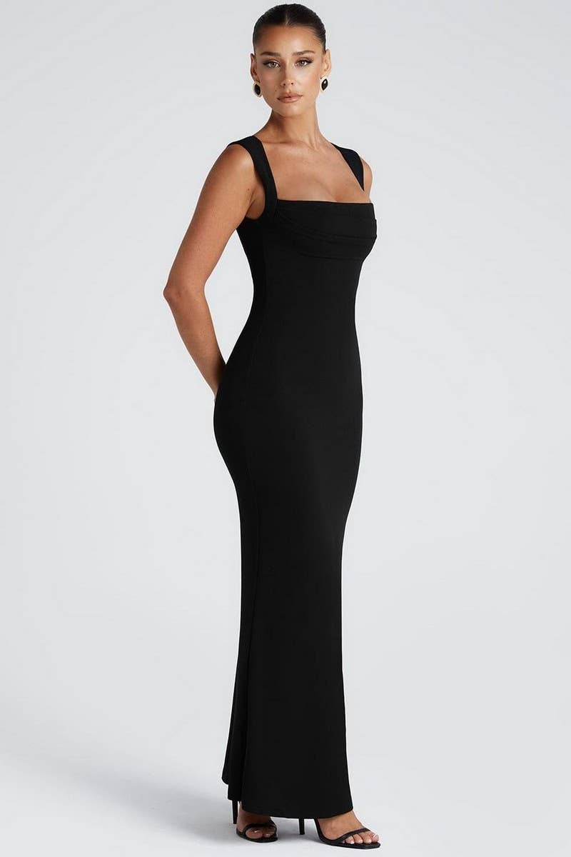 CWDMD5608_SQUARE NECK WAIST SLIMMING SOLID LONG DRESS