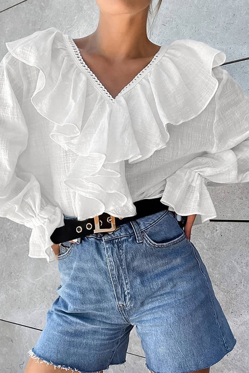 CWTBLL552_SOLID COLOR DROPPED SHOULDER SLEEVE LACE SHIRT