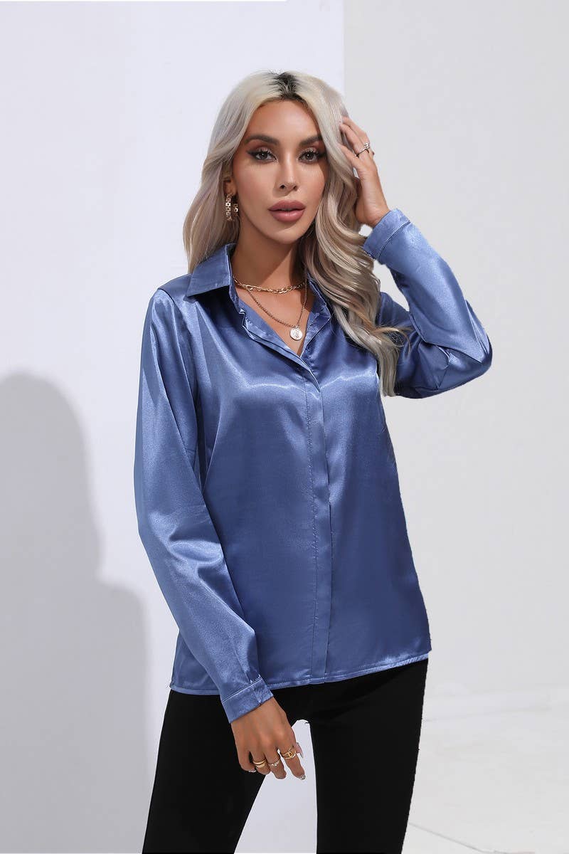 CWTBLL0692_Button Down Silky Satin Long Sleeve Top