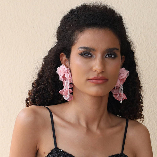 Statement Fabric Flower Earrings with Crystals_CWMM6252
