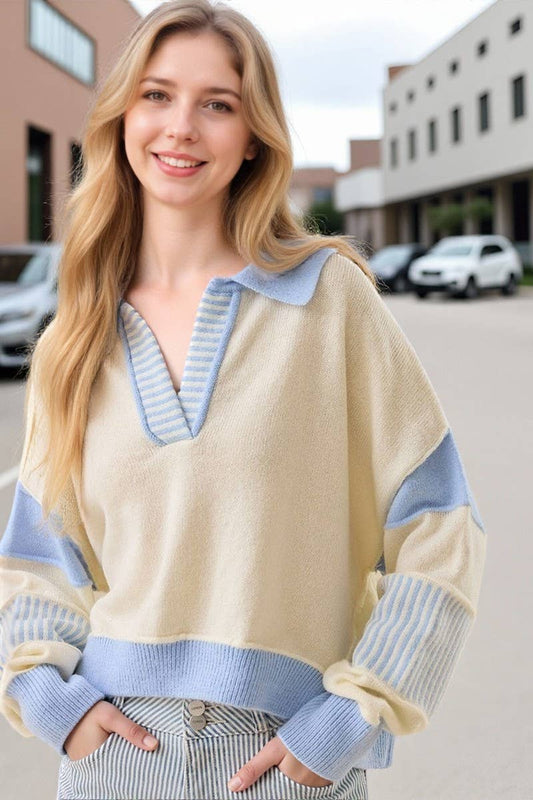 CWOSWL07751_2025 CASUAL STRIPED V NECK LOOSE KNIT SWEATER