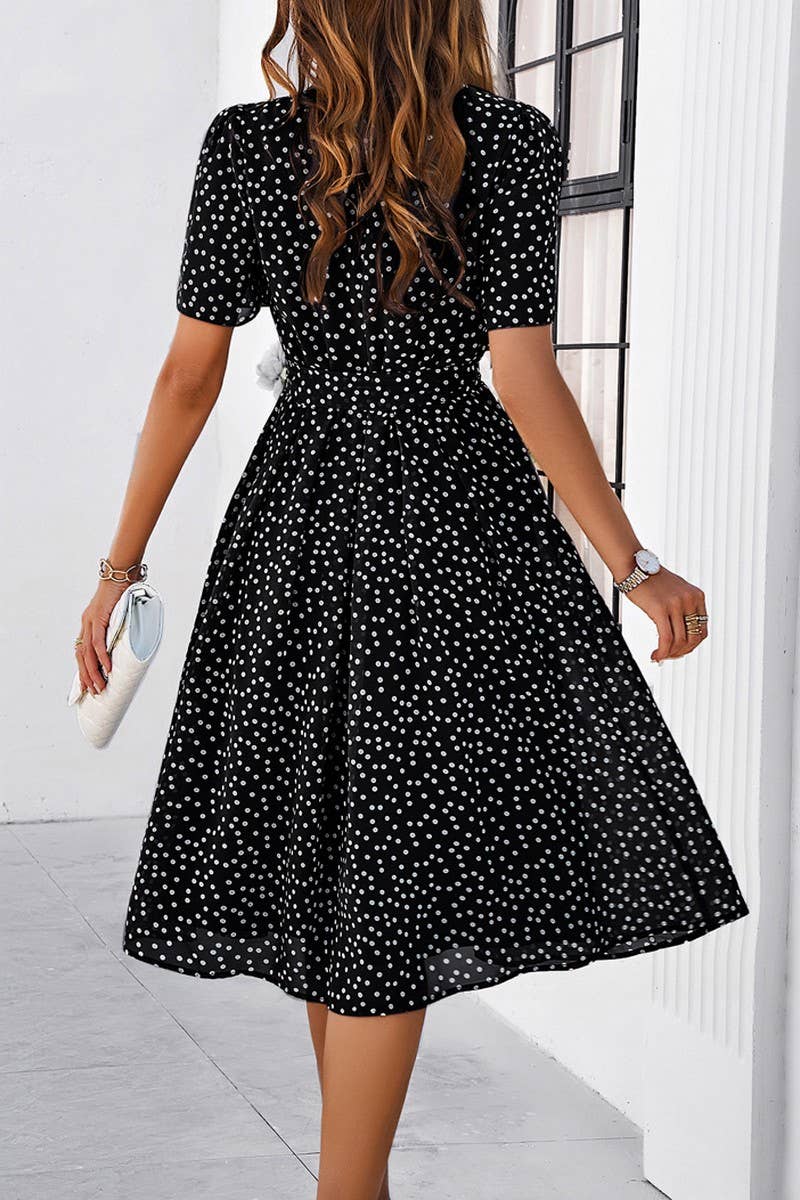 CWDSD7139_TEMPERAMENT CASUAL POLKA DOT LACE-UP PRINT DRESS