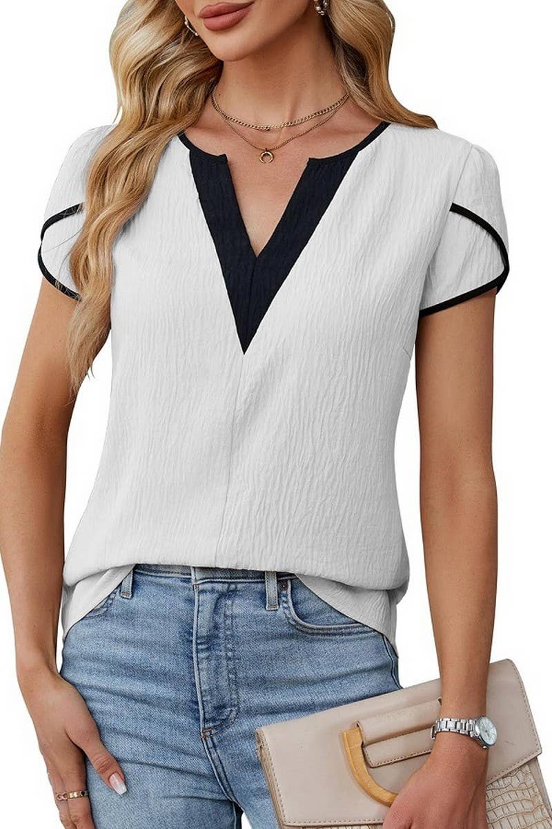 CWTBLS2260_COLORBLOCK V-NECK PETAL SLEEVE BLOUSE