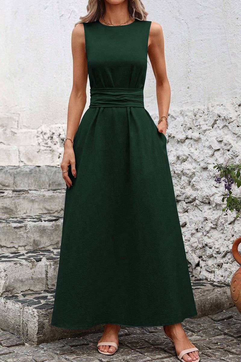 CWDMD5873_SOLID SLEEVELESS TIE WAIST CASUAL TANK DRESS