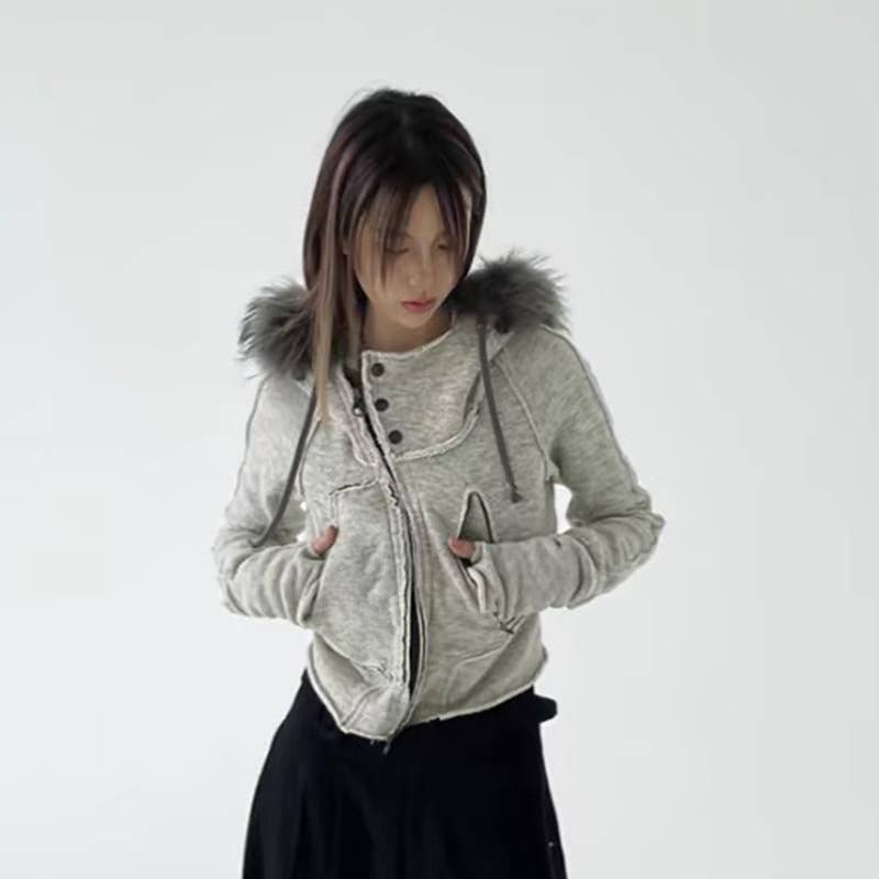 DESIGN SENSE ASYMMETRICAL FURRY HOODED ZIP COAT_CWOCO0984
