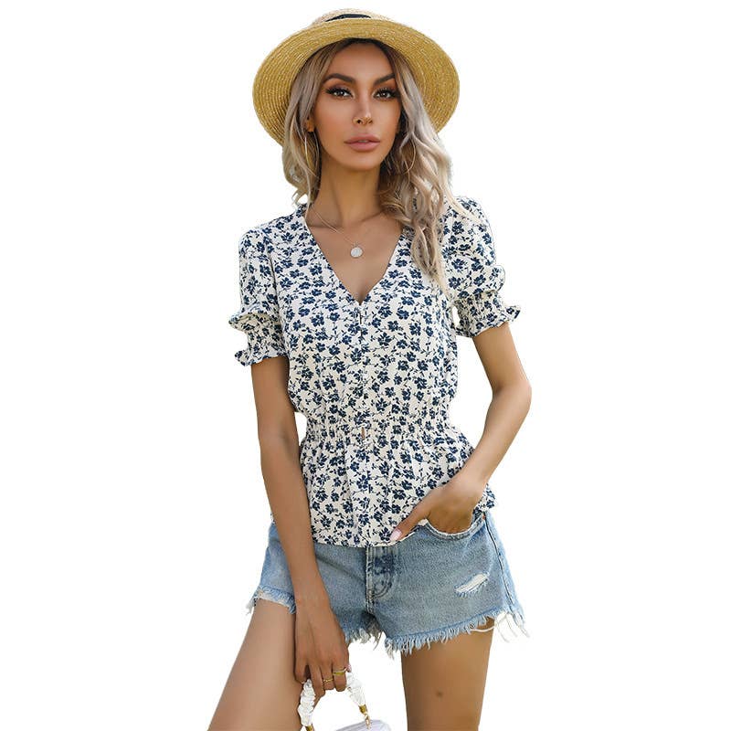 CHIFFON PRINTED V-NECK SHORT-SLEEVED SHIRT