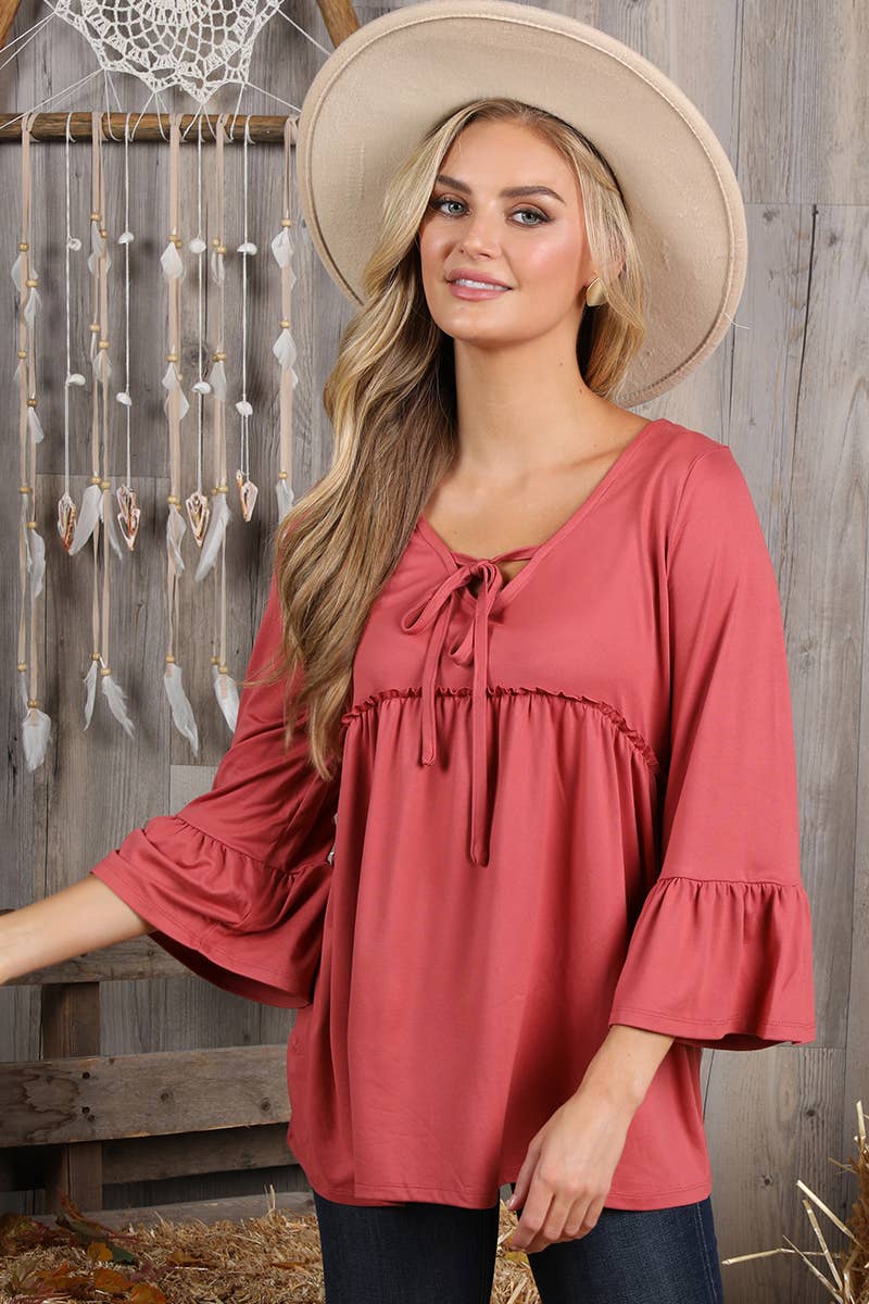 CWTTL1401-P_3/4 SLEEVE WITH NECK STRING DETAILED TOP